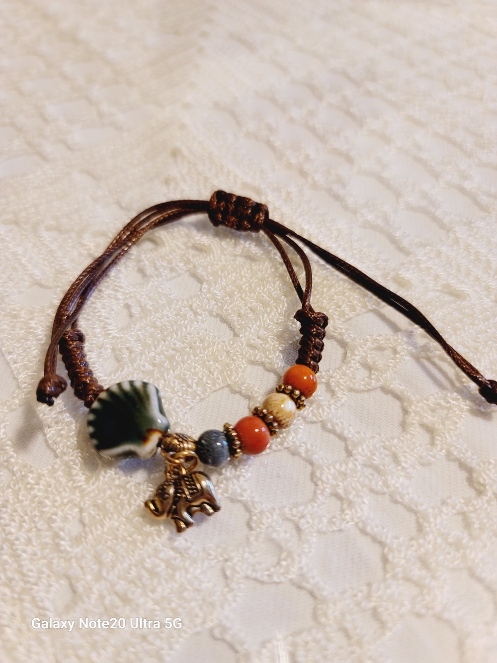 Adjustable Brown Cord Bracelet with Green Shell and Orange Beads